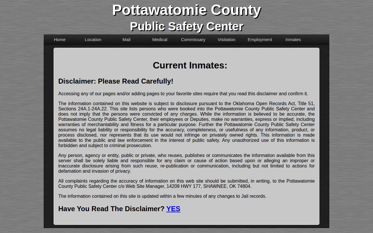 Pottawatomie County Public Safety Center current inmate record disclaimer
