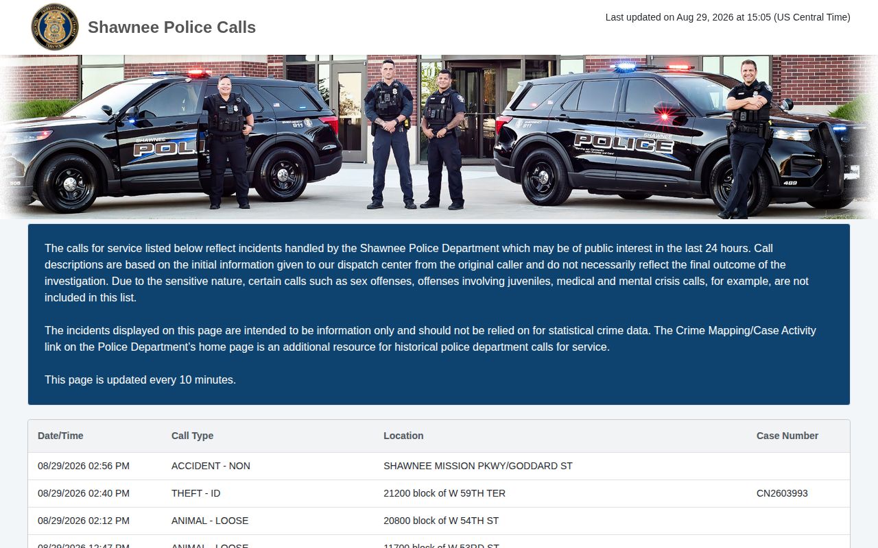 Pottawatomie County Shawnee calls-for-service record display